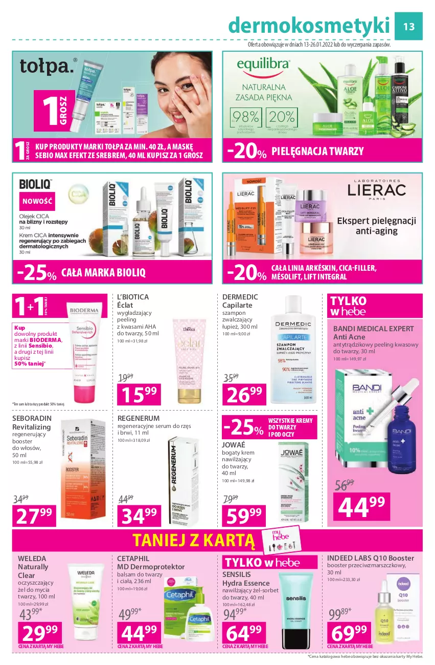 Gazetka promocyjna Hebe - Gazetka - ważna 13.01 do 26.01.2022 - strona 13 - produkty: Bandi, Bioderma, Booster, Capilarte, Cetaphil, Dermedic, Gra, Krem nawilżający, Mars, Mop, Peeling, Rum, Seboradin, Ser, Serum, Szampon, Tołpa, Wasa, Weleda