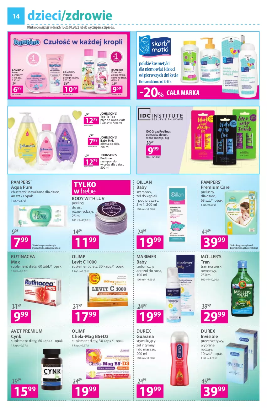 Gazetka promocyjna Hebe - Gazetka - ważna 13.01 do 26.01.2022 - strona 14 - produkty: Body, Chusteczki, Cynk, Durex, Dzieci, Johnson's, Johnson's Baby, Levit C, Marimer, Mleczko, Oillan, Pampers, Peeling, Pieluchy, Płyn do mycia, Prezerwatyw, Pur, Rutinacea, Suplement diety, Szampon, Top, Tran, Zdrowie