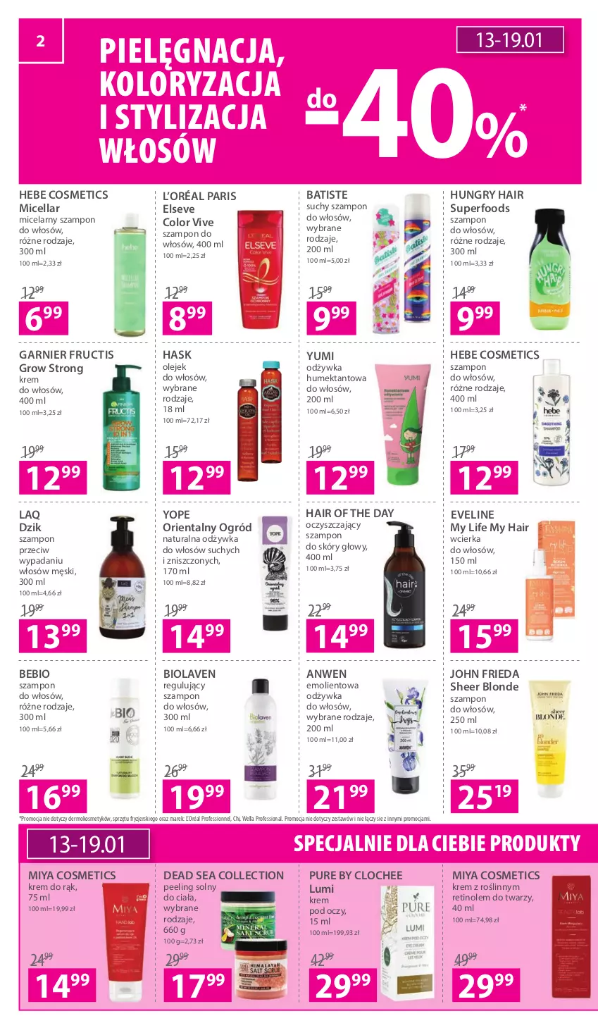 Gazetka promocyjna Hebe - Gazetka - ważna 13.01 do 26.01.2022 - strona 2 - produkty: Batiste, Elseve, Eveline, Fructis, Garnier, Gry, Hask, Hebe Cosmetics, John frieda, Krem do rąk, Krem pod oczy, L’Oréal, Miya Cosmetics, Odżywka, Ogród, Olej, Peeling, Pur, Suchy szampon, Szampon, Wella, Yope