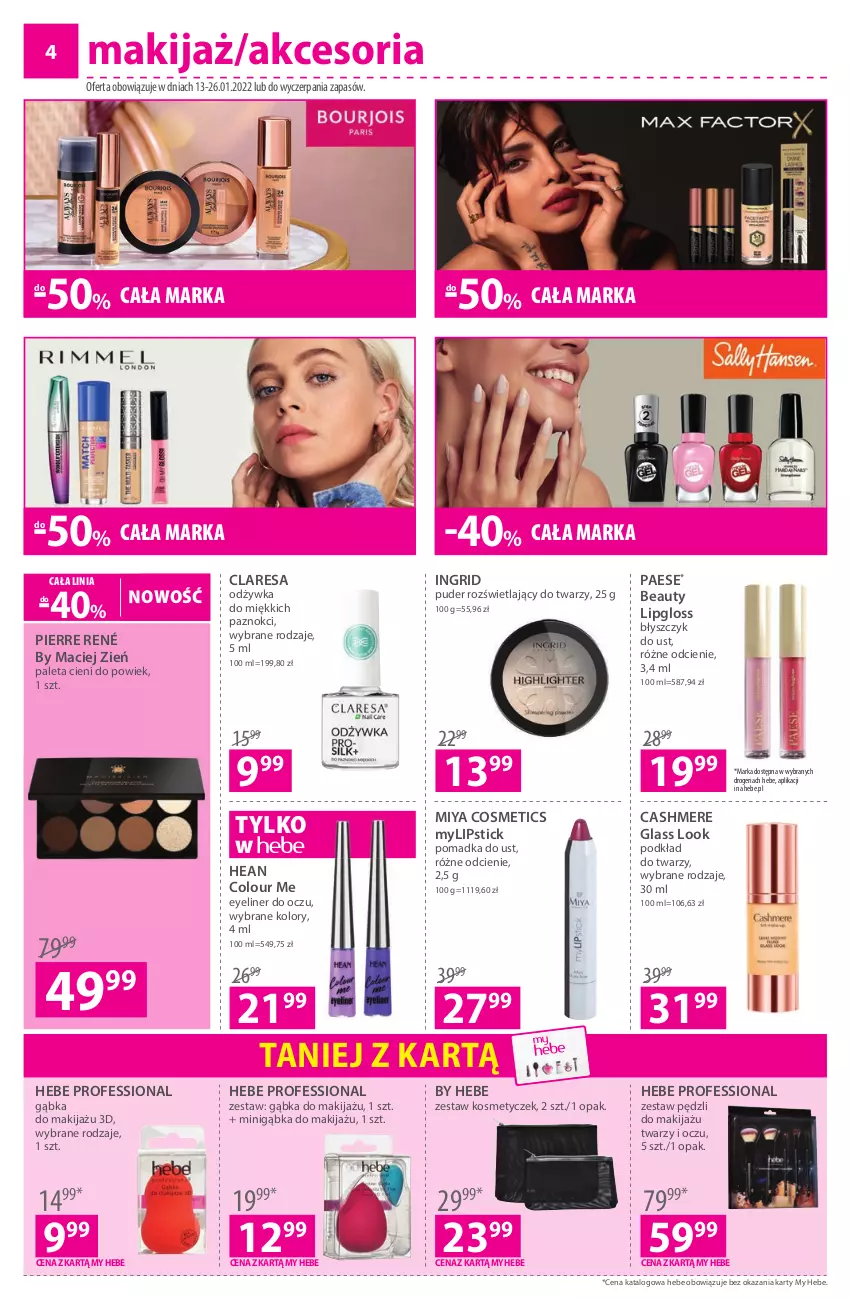 Gazetka promocyjna Hebe - Gazetka - ważna 13.01 do 26.01.2022 - strona 4 - produkty: Błyszczyk do ust, GRID, Makijaż, Miya Cosmetics, Odżywka, PAESE, Paleta, Pierre René, Podkład, Podkład do twarzy, Puder, Zestaw pędzli