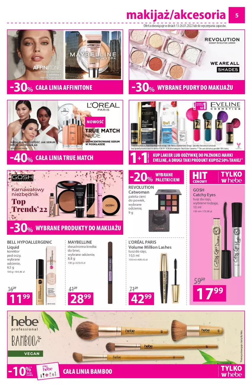 Gazetka promocyjna Hebe - Gazetka - ważna 13.01 do 26.01.2022 - strona 5 - produkty: Bell, Bell HypoAllergenic, Eveline, Gosh, Kredka, Kredka do brwi, L’Oréal, Lakier, Lion, Makijaż, Maybelline, Paleta, Produkty do makijażu, Top, Tusz