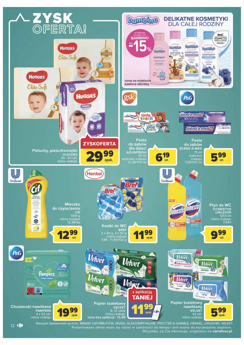 Gazetka promocyjna Carrefour - Gazetka Market - ważna 28.06 do 02.07.2022 - strona 12 - produkty: Chusteczki, Cif, Huggies, Majtki, Mleczko, Nivea, Pampers, Papier, Papier toaletowy, Pieluchomajtki, Pieluchy, Płyn do wc, Velvet