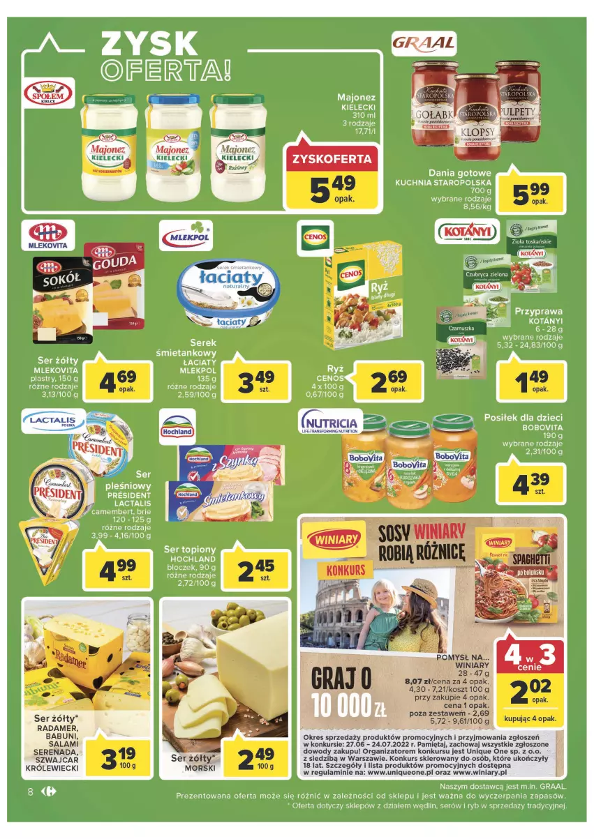 Gazetka promocyjna Carrefour - Gazetka Market - ważna 28.06 do 02.07.2022 - strona 8 - produkty: Babuni, BoboVita, Brie, Dania gotowe, Dzieci, Gra, Graal, Hochland, Kuchnia, Kuchnia Staropolska, Majonez, Mięta, Mleko, Mlekovita, Radamer, Salami, Ser, Ser topiony, Sos, Top, Winiary