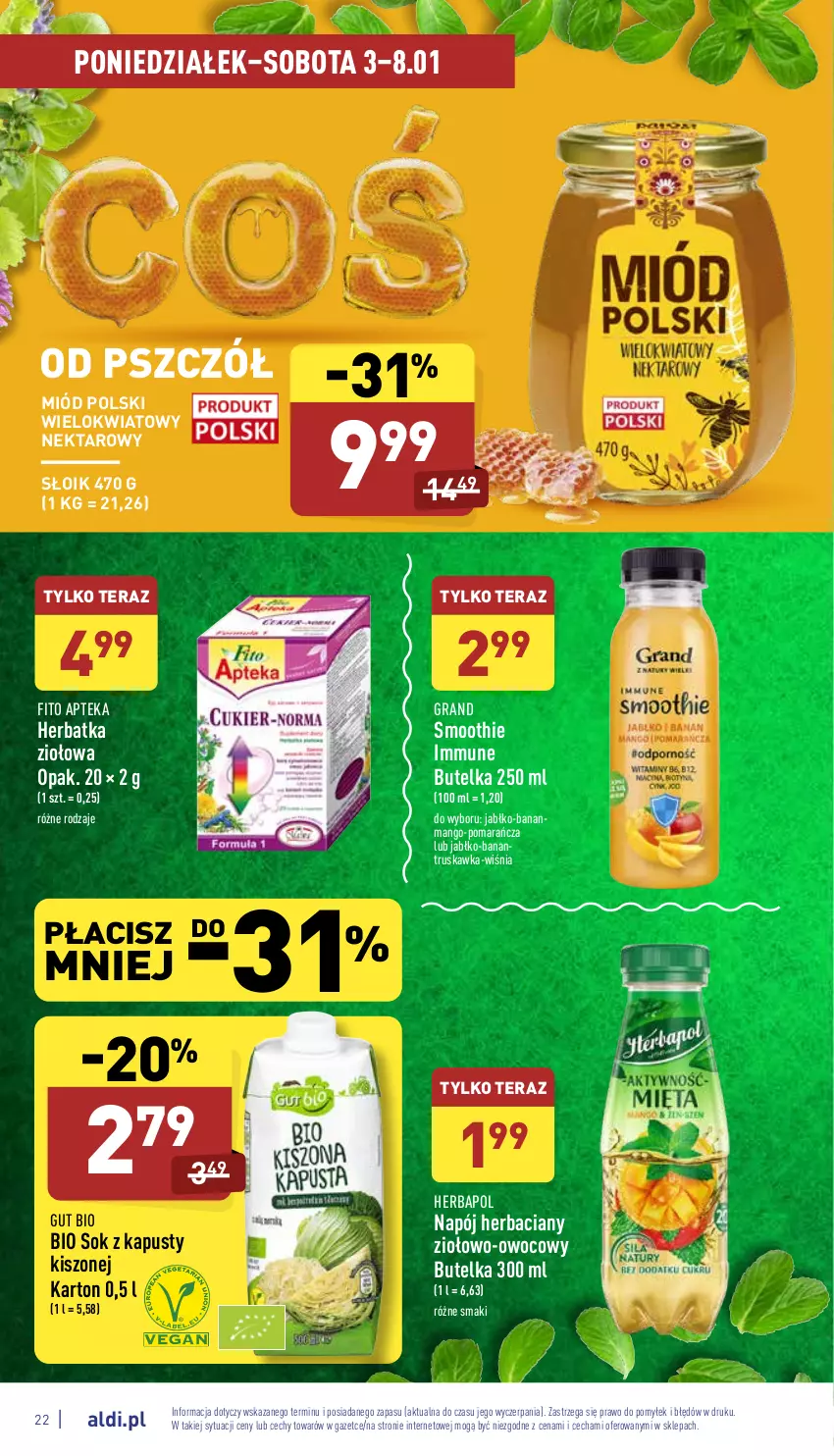 Gazetka promocyjna Aldi - Katalog spożywczy - ważna 03.01 do 08.01.2022 - strona 22 - produkty: Apteka, Gra, Herbapol, Mango, Miód, Napój, Nektar, Smoothie, Sok, Tera