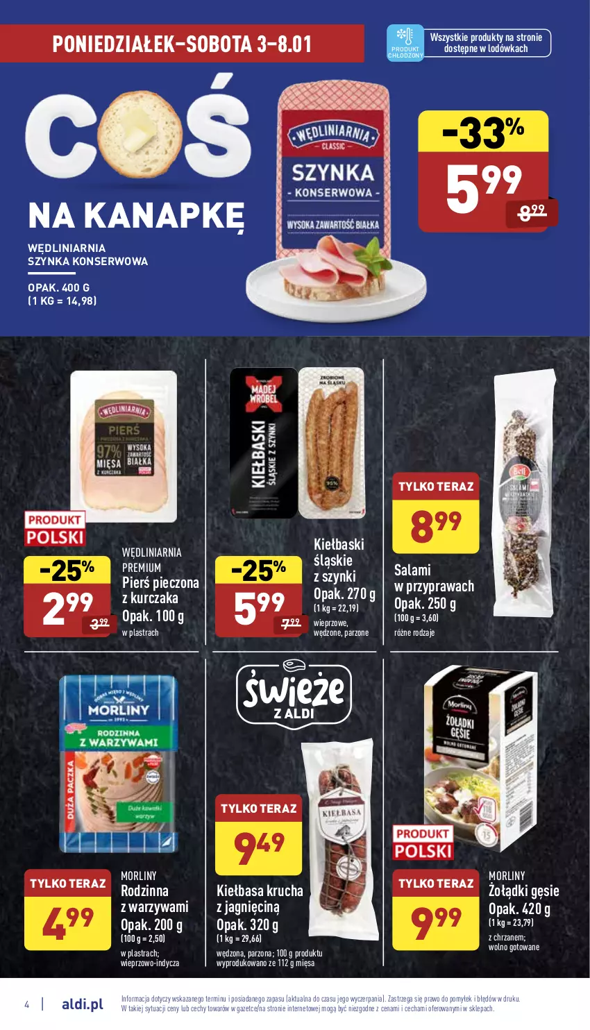 Gazetka promocyjna Aldi - Katalog spożywczy - ważna 03.01 do 08.01.2022 - strona 4 - produkty: Chrzan, Kiełbasa, Kiełbasa krucha, Kiełbaski śląskie, Kurczak, Lodówka, Morliny, Piec, Salami, Ser, Szynka, Szynka konserwowa, Tera, Warzywa