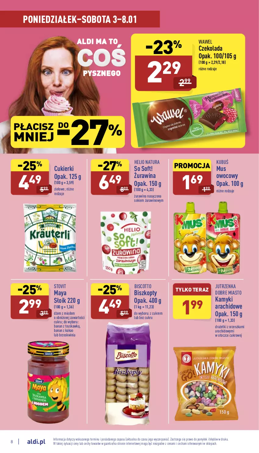 Gazetka promocyjna Aldi - Katalog spożywczy - ważna 03.01 do 08.01.2022 - strona 8 - produkty: Biszkopty, Cukier, Cukierki, Czekolada, Dżem, Helio, Jutrzenka, Kakao, Kamyki arachidowe, Kubuś, Mus, Sok, Tera, Wawel, Wino