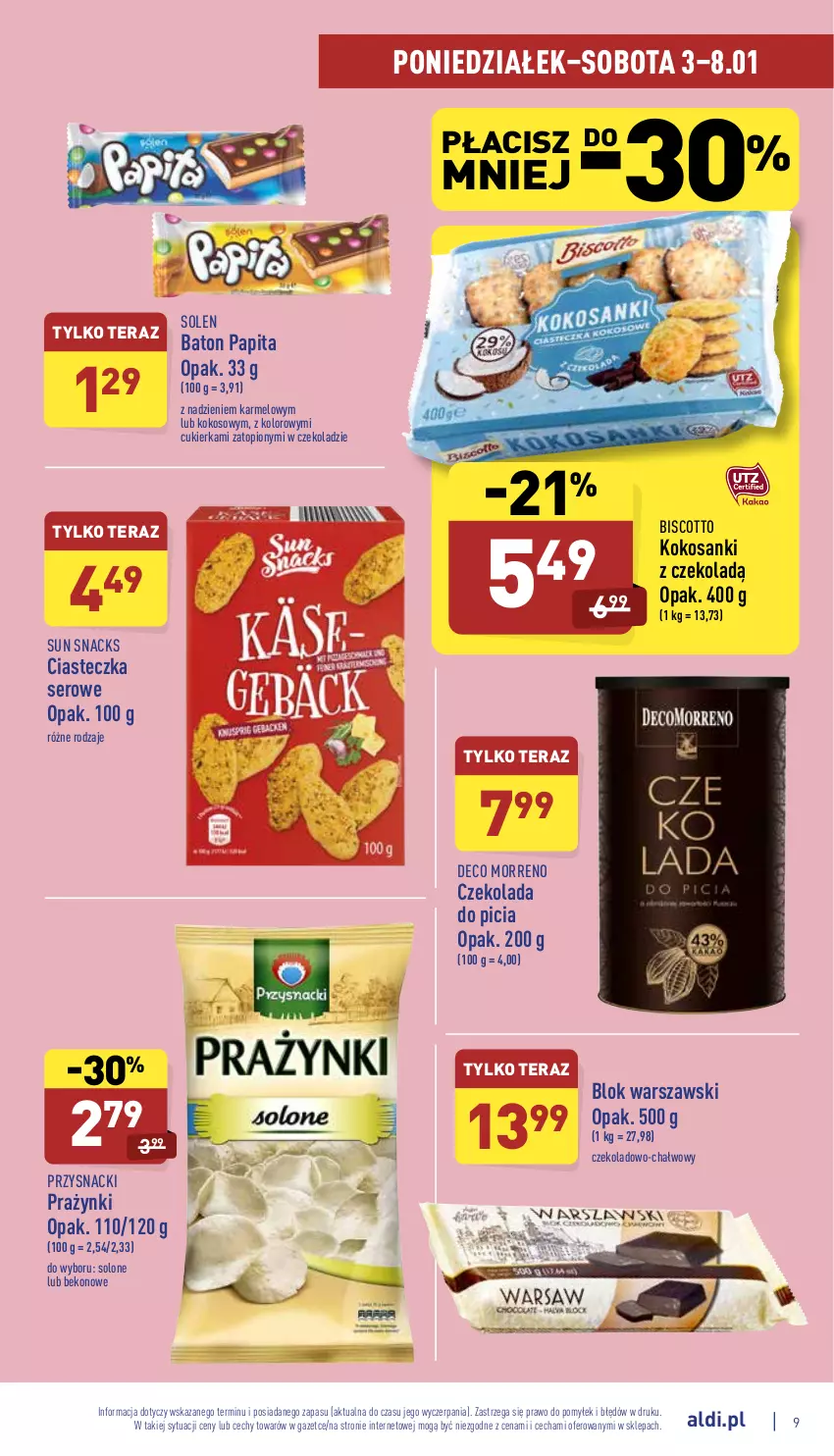 Gazetka promocyjna Aldi - Katalog spożywczy - ważna 03.01 do 08.01.2022 - strona 9 - produkty: Baton, Beko, Blok warszawski, Cukier, Czekolada, Kokos, Przysnacki, Sanki, Ser, Tera, Top