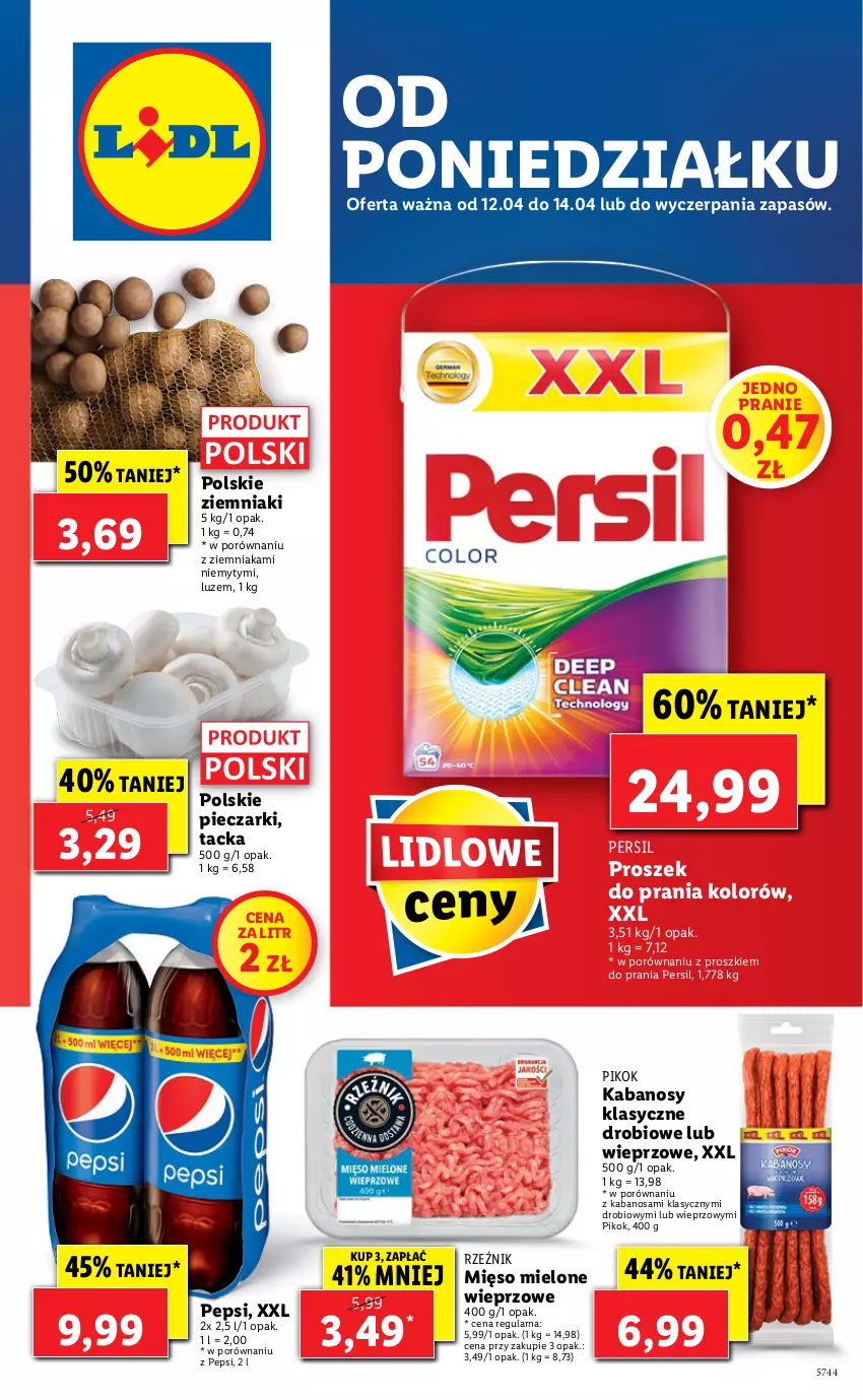 Gazetka promocyjna Lidl - GAZETKA - ważna 12.04 do 14.04.2021 - strona 1 - produkty: Kabanos, Mięso, Mięso mielone, Pepsi, Persil, Piec, PIKOK, Por, Proszek do prania, Ziemniaki