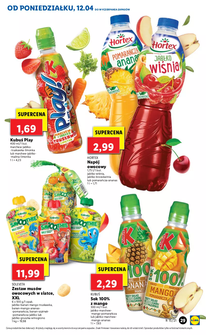 Gazetka promocyjna Lidl - GAZETKA - ważna 12.04 do 14.04.2021 - strona 29 - produkty: Ananas, Hortex, Kubuś, Limonka, Mango, Mus, Napój, Sok, Szpinak, Wino