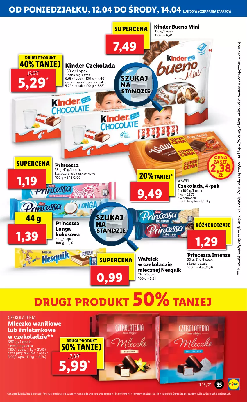 Gazetka promocyjna Lidl - GAZETKA - ważna 12.04 do 14.04.2021 - strona 35 - produkty: Czekolada, Kinder, Kinder Bueno, Kokos, Mleczko, Nesquik, Por, Princessa, Wafelek, Wawel