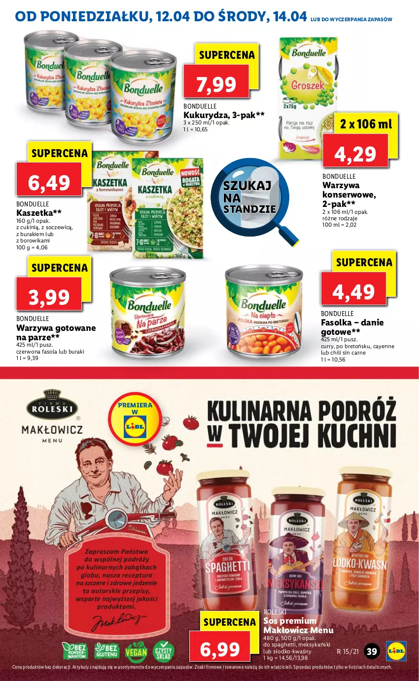 Gazetka promocyjna Lidl - GAZETKA - ważna 12.04 do 14.04.2021 - strona 39 - produkty: Bonduelle, Buraki, Danie gotowe, Fa, Fasola, Kaszetka, Kukurydza, Ser, Sos, Spaghetti, Warzywa, Warzywa konserwowe