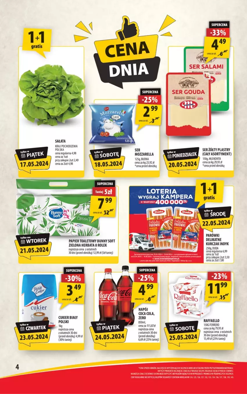 Gazetka promocyjna Arhelan - Gazetka - ważna 17.05 do 26.05.2024 - strona 4 - produkty: Cukier, Fa, Ferrero, Gra, Herbata, Kurczak, Mleko, Mozzarella, Papier, Papier toaletowy, Parówki, Raffaello, Sałat, Ser