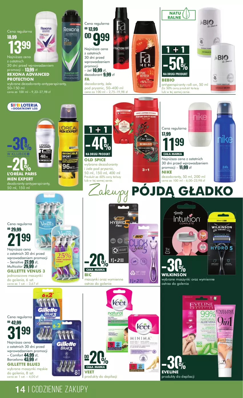 Gazetka promocyjna Super Pharm - Gazetka - ważna 26.09 do 13.10.2024 - strona 14 - produkty: Antyperspirant, BIC, Dezodorant, Eveline, Fa, Gillette, Gillette Venus, L’Oréal, Nike, Old Spice, Rexona, Veet, Venus