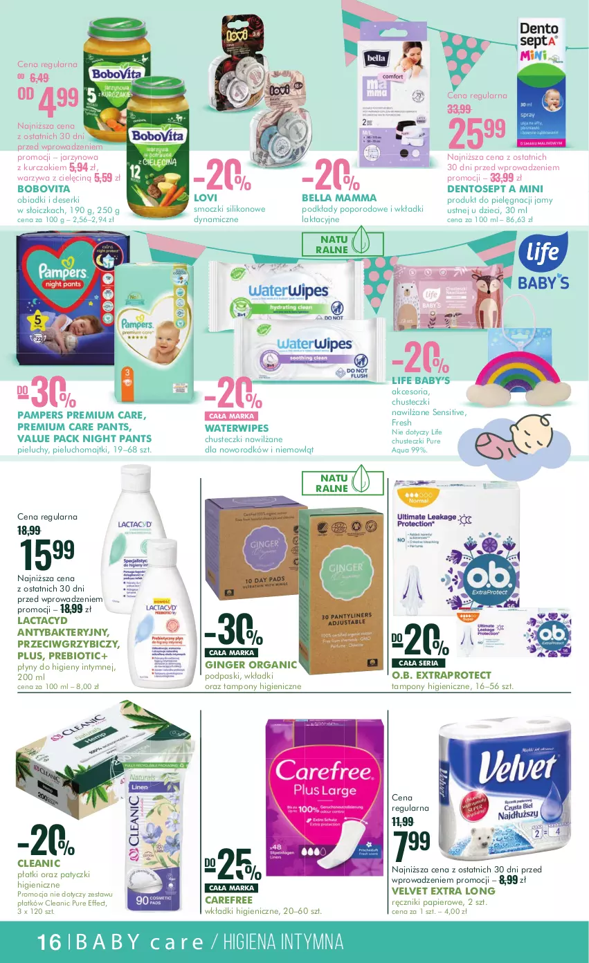 Gazetka promocyjna Super Pharm - Gazetka - ważna 26.09 do 13.10.2024 - strona 16 - produkty: Bell, Bella, BIC, BoboVita, Carefree, Chusteczki, Cleanic, Deser, Dzieci, Gin, Kurczak, Lactacyd, Lovi, Majtki, O.B., Pampers, Papier, Pieluchomajtki, Pieluchy, Podkład, Podpaski, Por, Pur, Ręcznik, Ręczniki papierowe, Ser, Tampony, Velvet, Warzywa, Wkładki