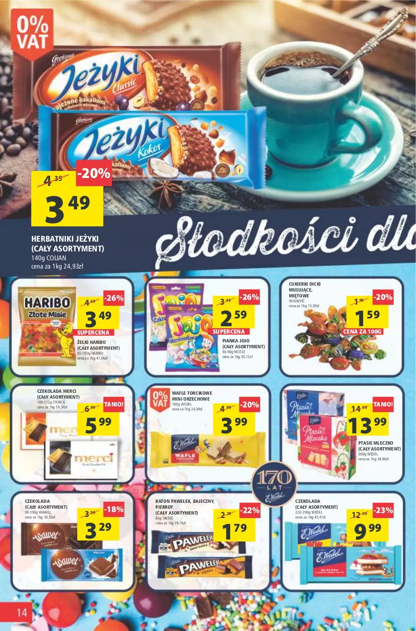 Gazetka promocyjna Arhelan - Gazetka - ważna 11.03 do 20.03.2022 - strona 14 - produkty: Baton, Cukier, Cukierki, Czekolada, Haribo, Herbatniki, Jeżyki, Merci, Mleczko, Mus, Ptasie mleczko, Wafle, Wawel