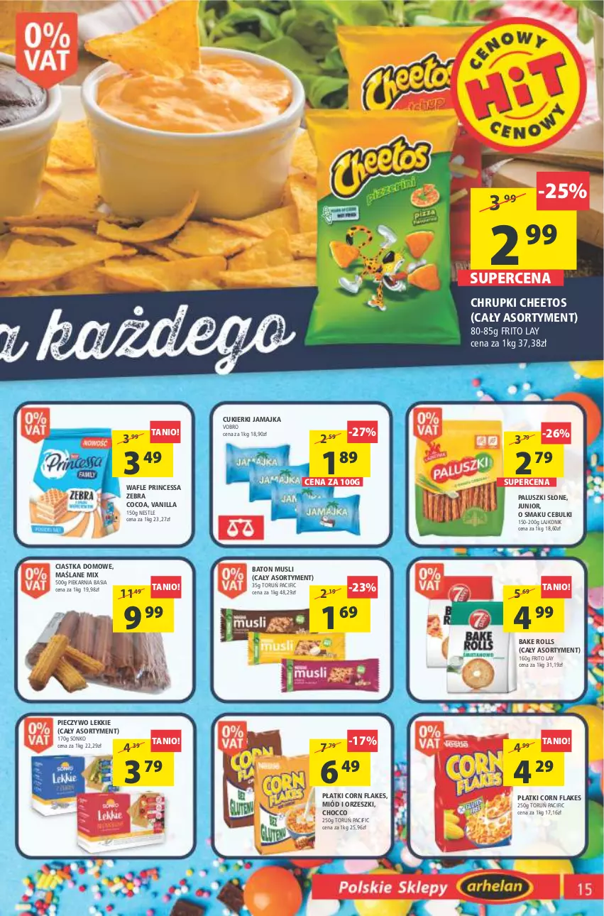 Gazetka promocyjna Arhelan - Gazetka - ważna 11.03 do 20.03.2022 - strona 15 - produkty: Bake Rolls, Basia, Baton, Cheetos, Chrupki, Ciastka, Cif, Corn flakes, Cukier, Cukierki, Lajkonik, Miód, Mus, Orzeszki, Piec, Pieczywo, Princessa, Sonko, Wafle