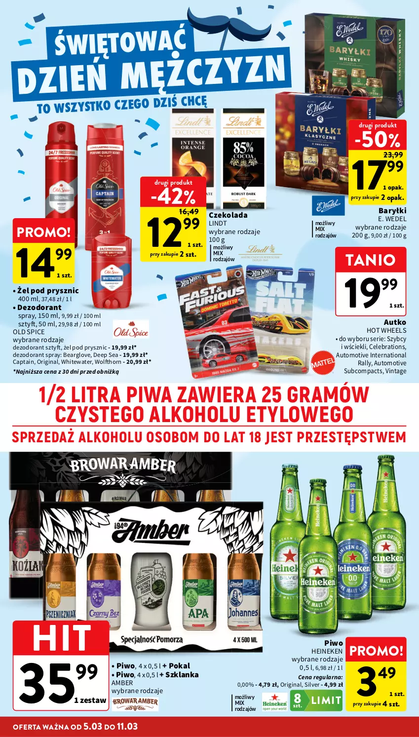 Gazetka promocyjna Intermarche - Gazetka Intermarche - ważna 05.03 do 11.03.2026 - strona 12 - produkty: Baryłki, Czekolada, Dezodorant, E. Wedel, Gin, Gra, Heineken, Hot Wheels, Lindt, Old Spice, Piwa, Piwo, Ser, Szklanka