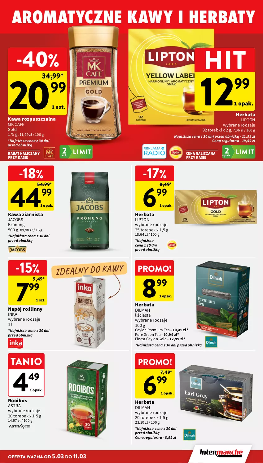 Gazetka promocyjna Intermarche - Gazetka Intermarche - ważna 05.03 do 11.03.2026 - strona 27 - produkty: Dilmah, Herbata, Inka, Jacobs, Jacobs Krönung, Kawa, Kawa rozpuszczalna, Kawa ziarnista, Lipton, Napój, Napój roślinny, Pur