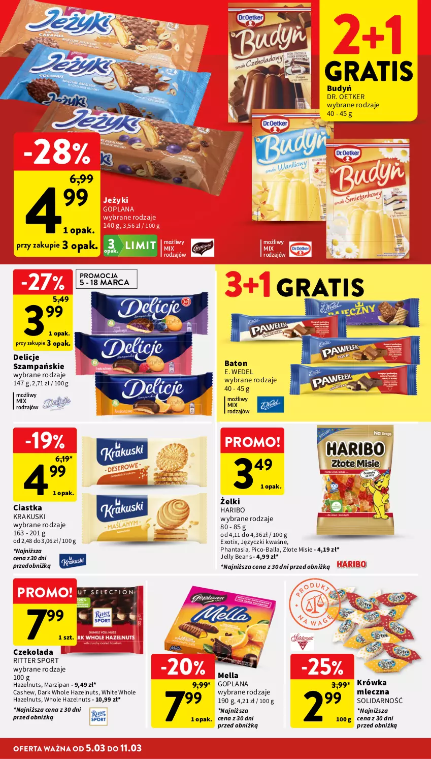 Gazetka promocyjna Intermarche - Gazetka Intermarche - ważna 05.03 do 11.03.2026 - strona 28 - produkty: Baton, Budyń, Ciastka, Czekolada, Delicje, Dr. Oetker, E. Wedel, Goplana, Gra, Haribo, Jelly beans, Jeżyki, Krakus, Krakuski, LANA, Pico-Balla, Por, Ritter Sport, Sport