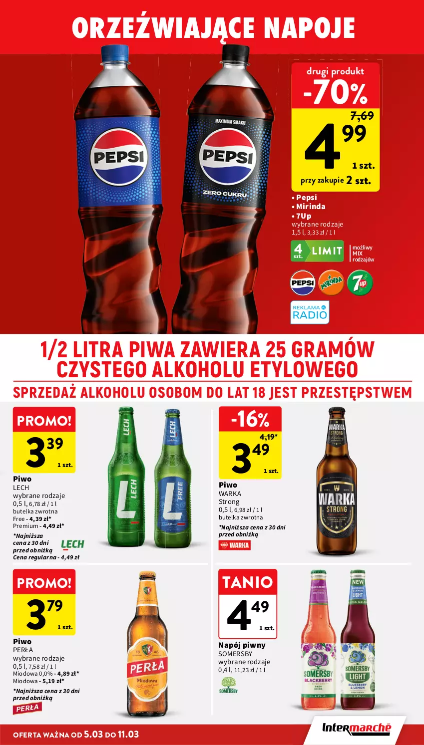 Gazetka promocyjna Intermarche - Gazetka Intermarche - ważna 05.03 do 11.03.2026 - strona 33 - produkty: 7up, Gra, Mirinda, Napój, Napoje, Pepsi, Perła, Piwa, Piwo, Somersby, Warka
