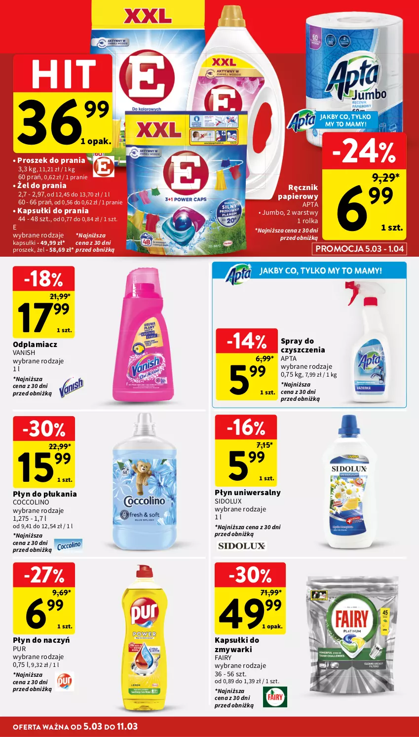 Gazetka promocyjna Intermarche - Gazetka Intermarche - ważna 05.03 do 11.03.2026 - strona 34 - produkty: Coccolino, Fa, Fairy, Kapsułki do prania, Odplamiacz, Papier, Płyn do płukania, Proszek do prania, Pur, Ręcznik, Sidolux, Spray do czyszczenia, Vanish, Zmywarki