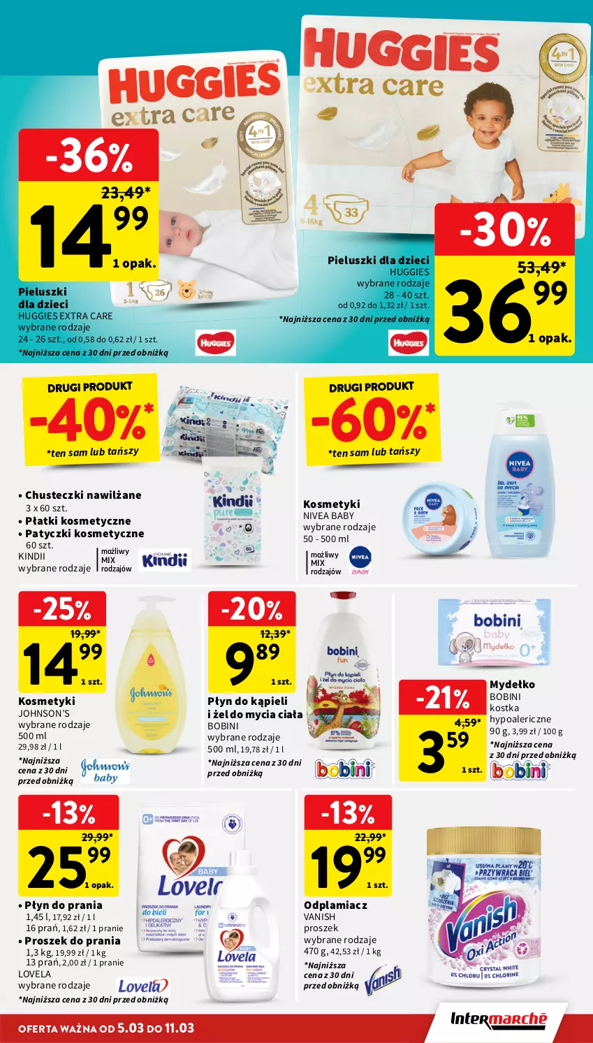 Gazetka promocyjna Intermarche - Gazetka Intermarche - ważna 05.03 do 11.03.2026 - strona 37 - produkty: Chusteczki, Dzieci, Fa, Huggies, Kindii, Lovela, Nivea, Nivea Baby, Odplamiacz, Patyczki kosmetyczne, Płatki kosmetyczne, Płyn do kąpieli, Płyn do prania, Proszek do prania, Vanish