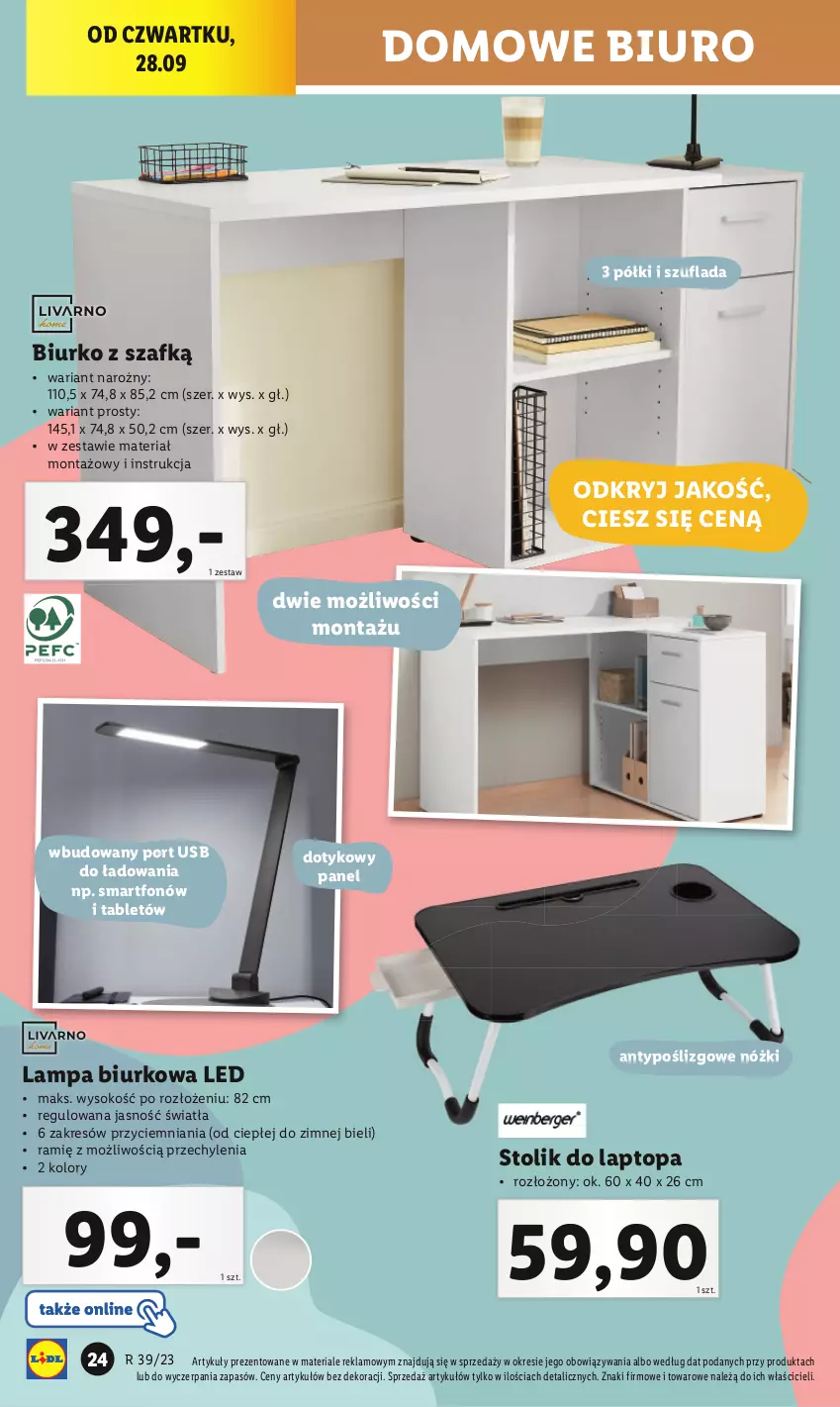 Gazetka promocyjna Lidl - GAZETKA - ważna 25.09 do 30.09.2023 - strona 26 - produkty: Biurko, Biuro, Lampa, Lampa biurkowa, Por, Smartfon, Sok, Stolik, Tablet, Top