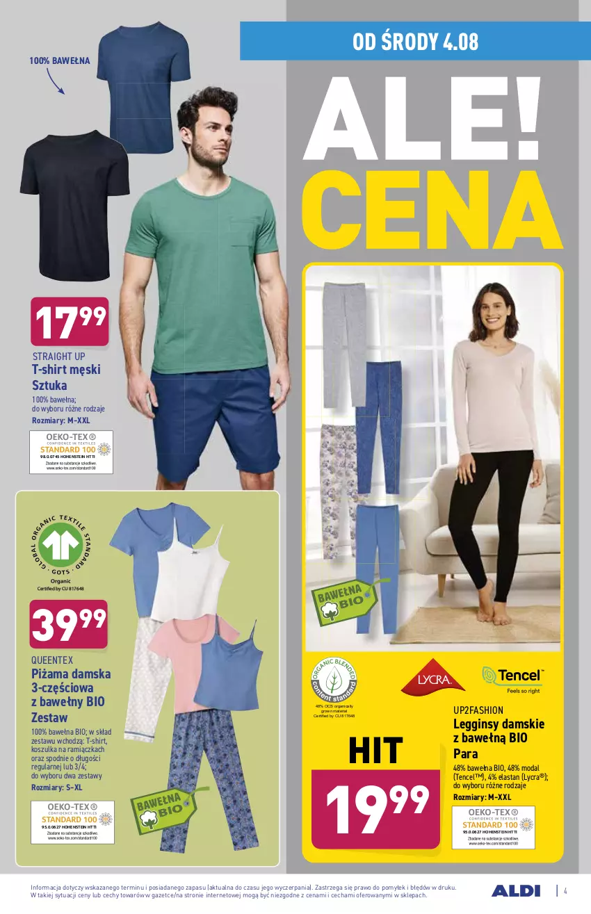 Gazetka promocyjna Aldi - OKAZJE DLA CIEBIE I DOMU - ważna 04.08 do 07.08.2021 - strona 4 - produkty: Fa, Gin, Kosz, Koszulka, Legginsy, Moda, Piżama, Queentex, Spodnie, T-shirt, Wełna