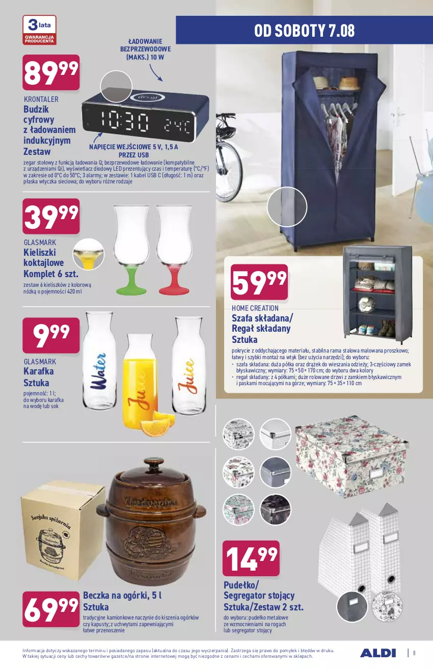 Gazetka promocyjna Aldi - OKAZJE DLA CIEBIE I DOMU - ważna 04.08 do 07.08.2021 - strona 8 - produkty: Budzik, Drzwi, Fa, Kabel USB, Karafka, Półka, Pudełko, Rama, Regał, Sok, Szafa, Zegar