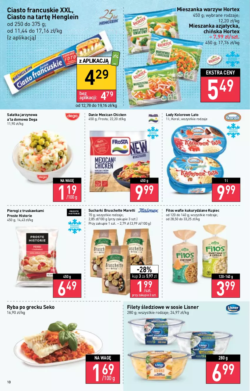 Gazetka promocyjna Stokrotka - Supermarket - ważna 13.10 do 19.10.2022 - strona 10 - produkty: Bruschette, Ciasto francuskie, Dega, Frosta, Gra, Hortex, Kupiec, Lisner, Lody, Mieszanka warzyw, Piec, Pierogi, Piwa, Ryba, Ryba po grecku, Sałat, Sałatka, SEKO, Sos, Wafle