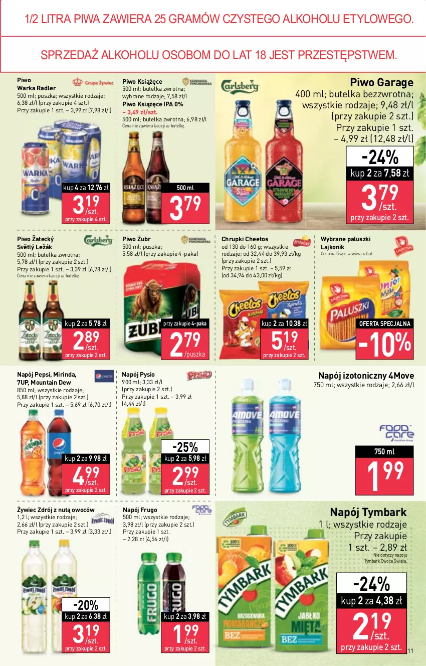 Gazetka promocyjna Stokrotka - Supermarket - ważna 13.10 do 19.10.2022 - strona 11 - produkty: 7up, Cheetos, Chrupki, Gra, Książęce, Lajkonik, Mirinda, Napój, Napój izotoniczny, Owoce, Pepsi, Piwa, Piwo, Radler, Tymbark, Warka