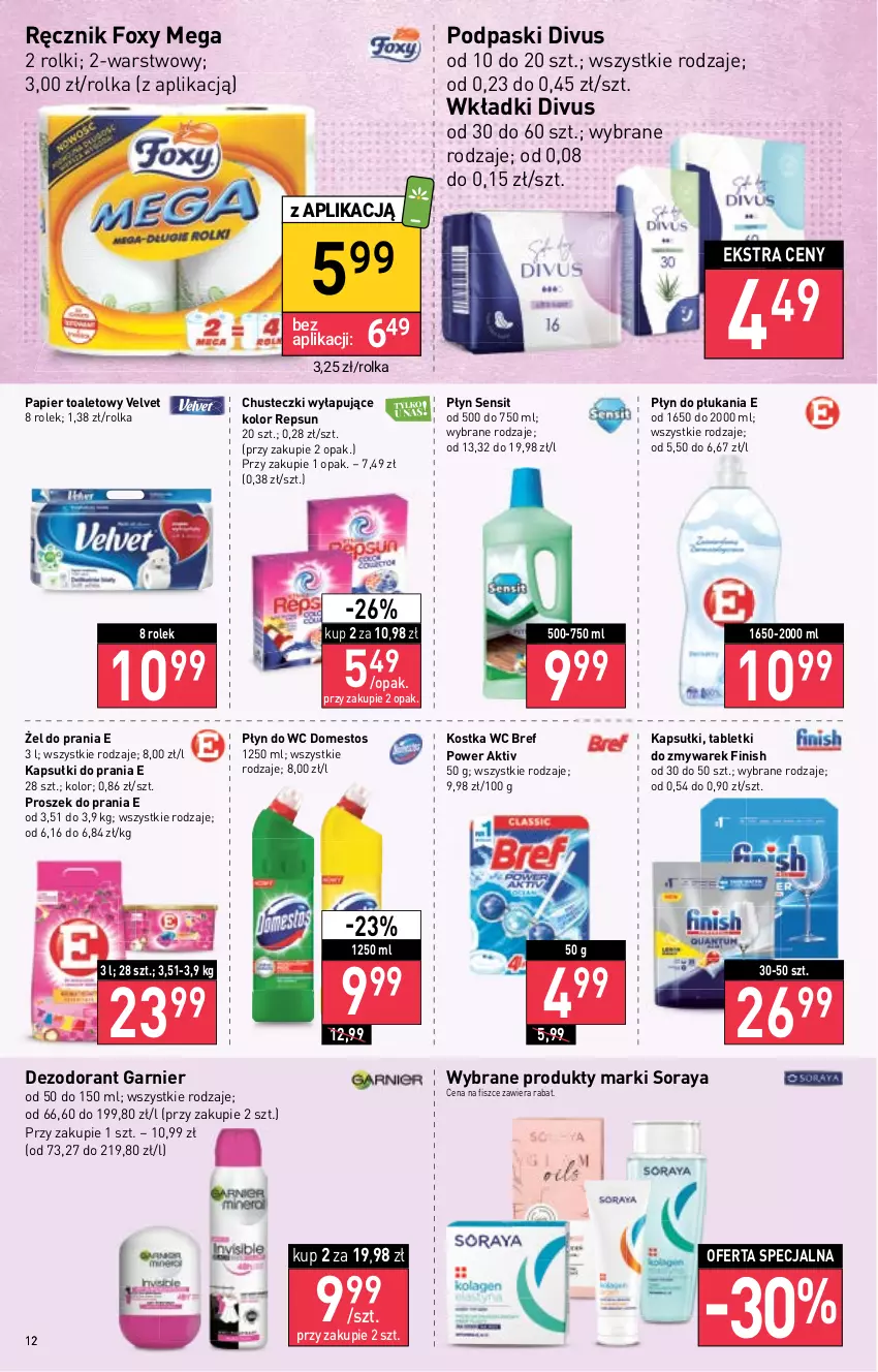 Gazetka promocyjna Stokrotka - Supermarket - ważna 13.10 do 19.10.2022 - strona 12 - produkty: Bref, Chusteczki, Dezodorant, Domestos, Finish, Foxy, Garnier, Kapsułki do prania, Papier, Papier toaletowy, Płyn do płukania, Płyn do wc, Podpaski, Proszek do prania, Ręcznik, Rolki, Tablet, Velvet, Wkładki