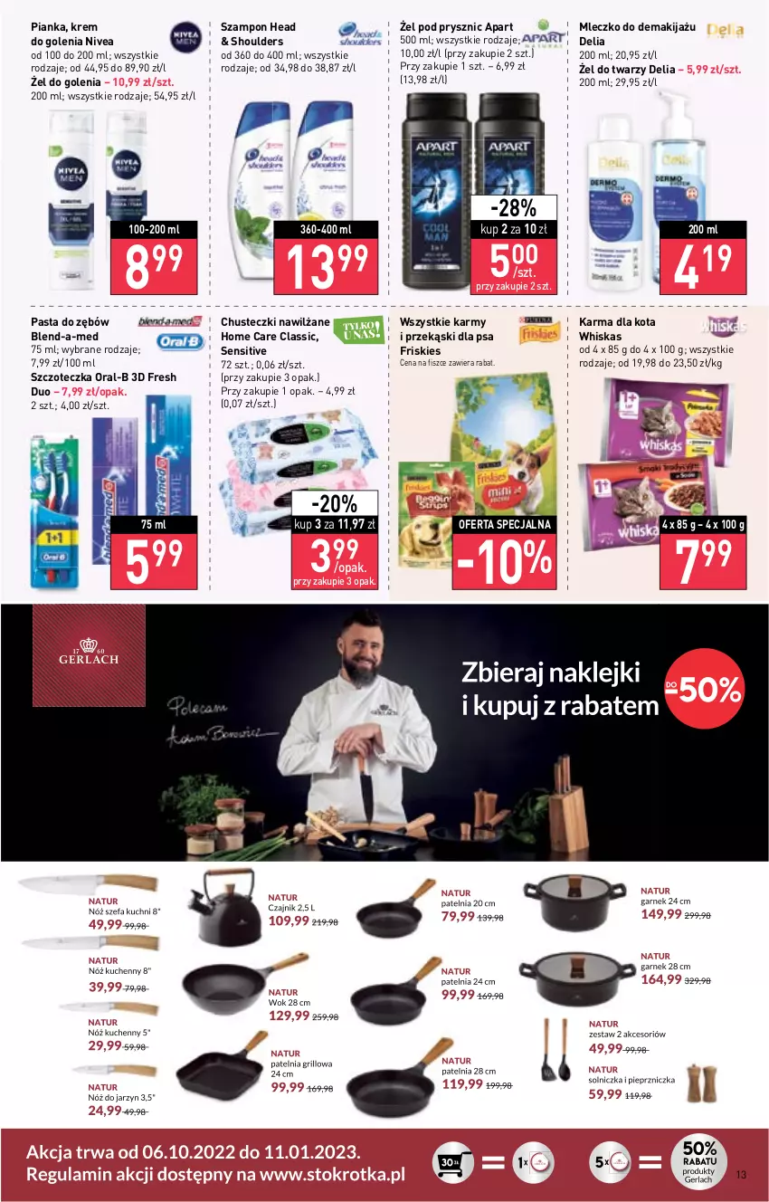 Gazetka promocyjna Stokrotka - Supermarket - ważna 13.10 do 19.10.2022 - strona 13 - produkty: Blend-a-Med, Chusteczki, Friskies, Krem do golenia, Makijaż, Mleczko, Nivea, Pasta do zębów, Przekąski dla psa, Szampon, Szczoteczka, Whiskas