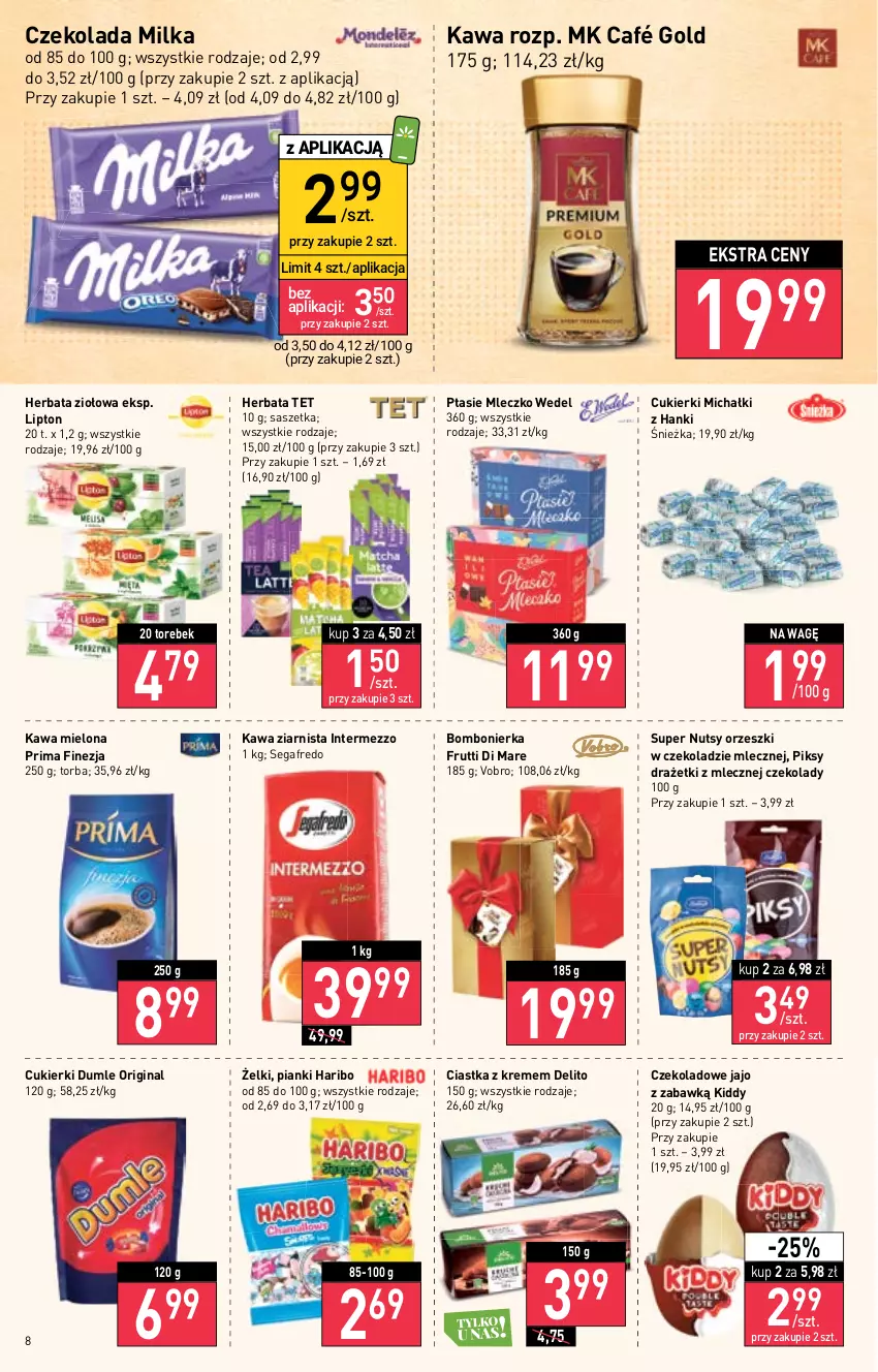 Gazetka promocyjna Stokrotka - Supermarket - ważna 13.10 do 19.10.2022 - strona 8 - produkty: Ciastka, Cukier, Cukierki, Czekolada, Gin, Haribo, Herbata, Kawa, Kawa mielona, Kawa ziarnista, Lipton, Michałki, Milka, Mleczko, Orzeszki, Prima, Ptasie mleczko, Segafredo, Torba