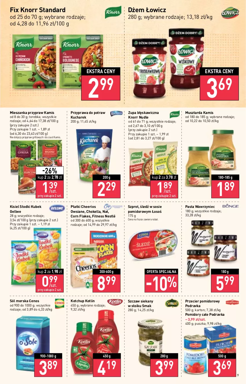 Gazetka promocyjna Stokrotka - Supermarket - ważna 13.10 do 19.10.2022 - strona 9 - produkty: Cenos, Cheerios, Corn flakes, Dżem, Grill, Kamis, Ketchup, Kisiel, Knorr, Kotlin, Kubek, Kucharek, Mus, Musztarda, Nestlé, Podravka, Pomidory, Przyprawa do potraw, Sól, Sos, Szprot, Torebka, Zupa