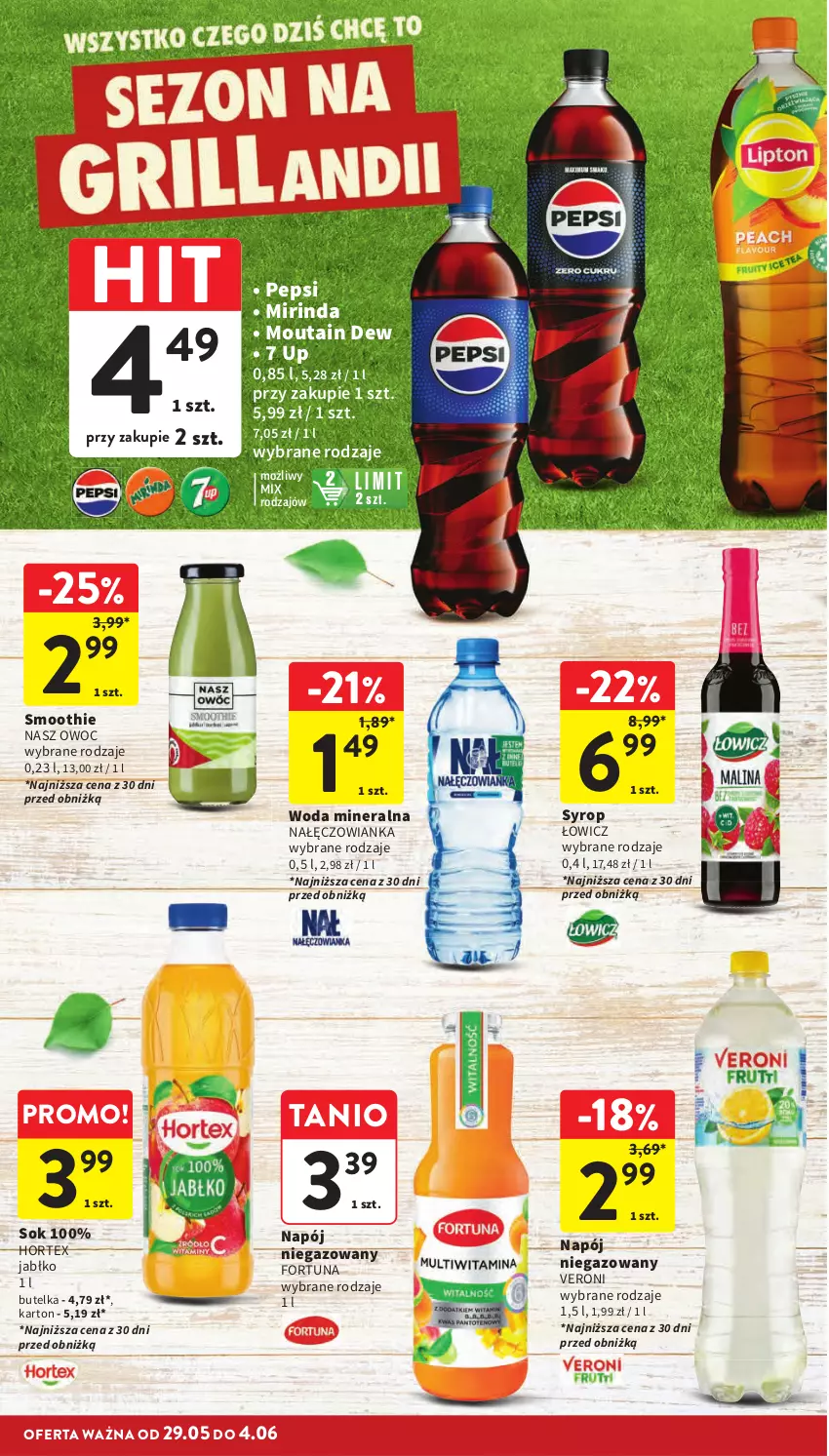 Gazetka promocyjna Intermarche - Gazetka Intermarche - ważna 29.05 do 04.06.2025 - strona 26 - produkty: Fortuna, Hortex, Mirinda, Nałęczowianka, Napój, Napój niegazowany, Pepsi, Smoothie, Sok, Syrop, Woda, Woda mineralna