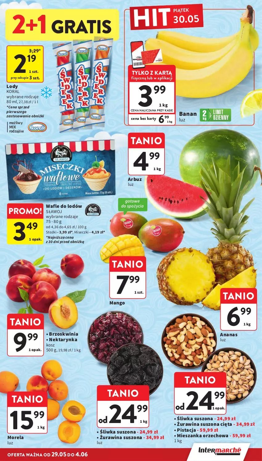 Gazetka promocyjna Intermarche - Gazetka Intermarche - ważna 29.05 do 04.06.2025 - strona 33 - produkty: Ananas, Arbuz, Gra, Kosz, Lody, Mango, Mieszanka orzechowa, Morela, Nektar, Nektarynka, Wafle, Wafle do lodów