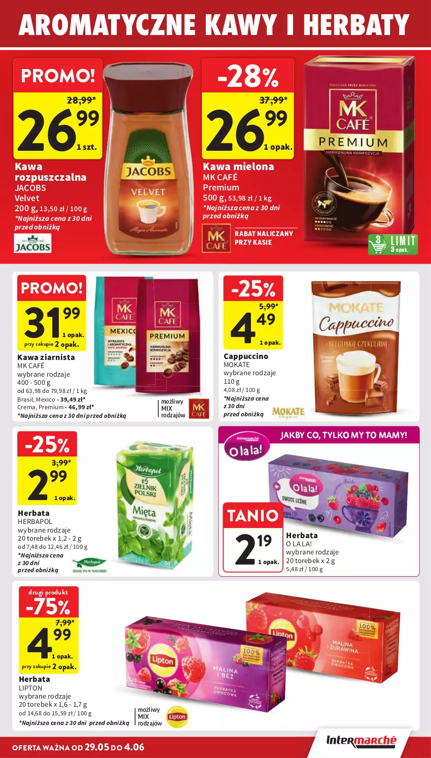 Gazetka promocyjna Intermarche - Gazetka Intermarche - ważna 29.05 do 04.06.2025 - strona 35 - produkty: Cappuccino, Herbapol, Herbata, Jacobs, Jacobs Velvet, Kawa, Kawa mielona, Kawa rozpuszczalna, Kawa ziarnista, Lipton, Velvet