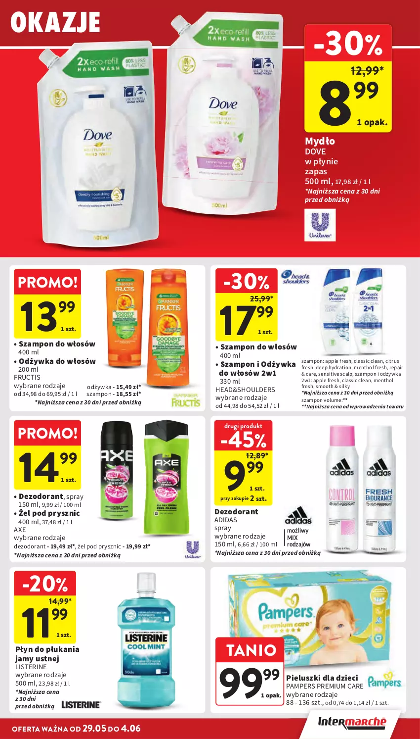 Gazetka promocyjna Intermarche - Gazetka Intermarche - ważna 29.05 do 04.06.2025 - strona 41 - produkty: Adidas, Dezodorant, Dove, Dzieci, Fructis, Listerine, Mydło, Odżywka, Pampers, Płyn do płukania, Płyn do płukania jamy ustnej, Szampon