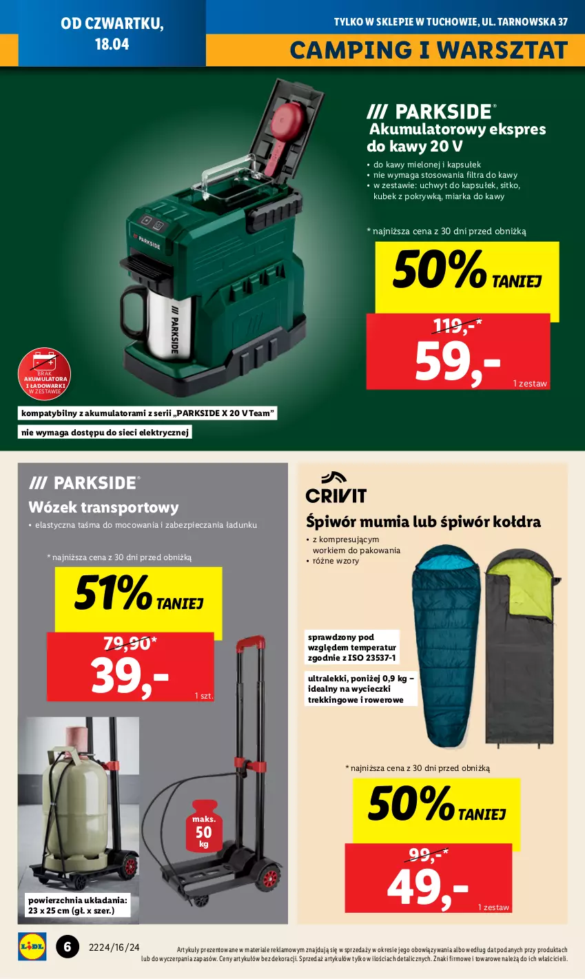 Gazetka promocyjna Lidl - Nowy Lidl w Tuchowie - ważna 18.04 do 28.04.2024 - strona 6 - produkty: Akumulator, Kołdra, Kubek, Miarka, Parkside, Piec, Por, Rower, Ser, Sitko, Sport, Tran, Wózek, Wózek transportowy