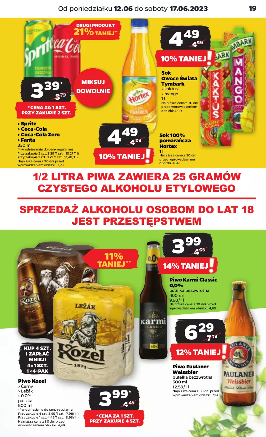 Gazetka promocyjna Netto - Artykuły spożywcze - ważna 12.06 do 17.06.2023 - strona 19 - produkty: Coca-Cola, Fa, Fanta, Gra, Hortex, Kaktus, Karmi, Kozel, Mango, Owoce, Piwa, Piwo, Sok, Sprite, Tymbark