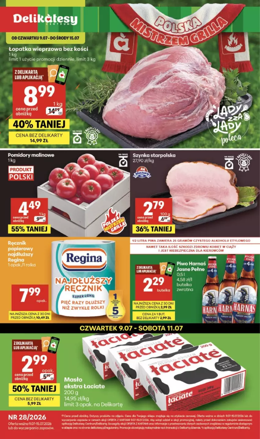Gazetka promocyjna Delikatesy Centrum - Franczyza DC28 Czwartek - ważna 09.07 do 15.07.2026 - strona 1 - produkty: Gin, Gra, Piec, Piwa, Pomidory, Rama, Ręcznik, Rolki, Rum, Szynka, Tran