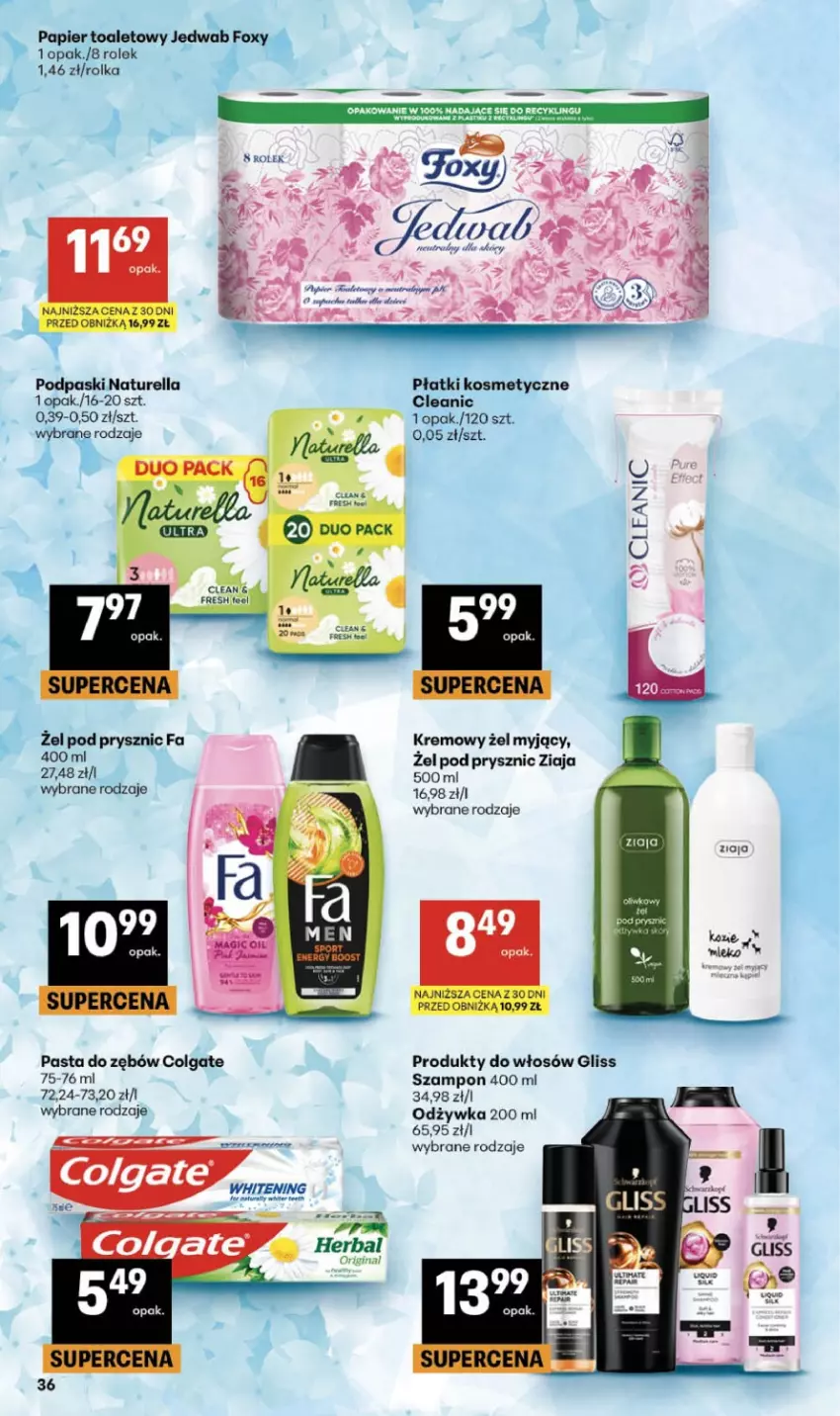 Gazetka promocyjna Delikatesy Centrum - Franczyza DC28 Czwartek - ważna 09.07 do 15.07.2026 - strona 36 - produkty: Cleanic, Colgate, Fa, Foxy, Gin, LG, Naturell, Naturella, Odżywka, Papier, Papier toaletowy, Pasta do zębów, Płatki kosmetyczne, Podpaski, Szampon, Ziaja