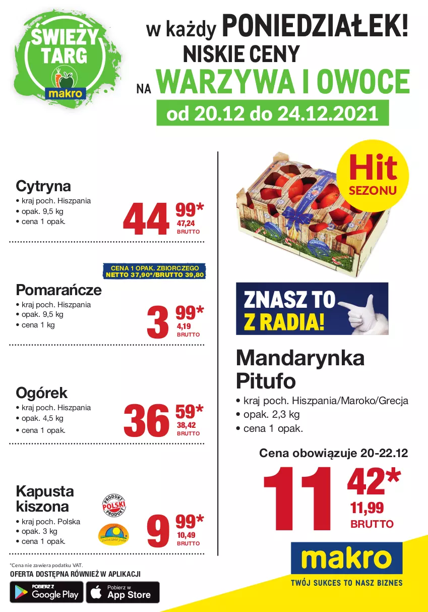 Gazetka promocyjna Makro - Promocje na święta - ważna 20.12 do 24.12.2021 - strona 1 - produkty: Ogórek, Owoce, Pomarańcze, Warzywa, Warzywa i owoce