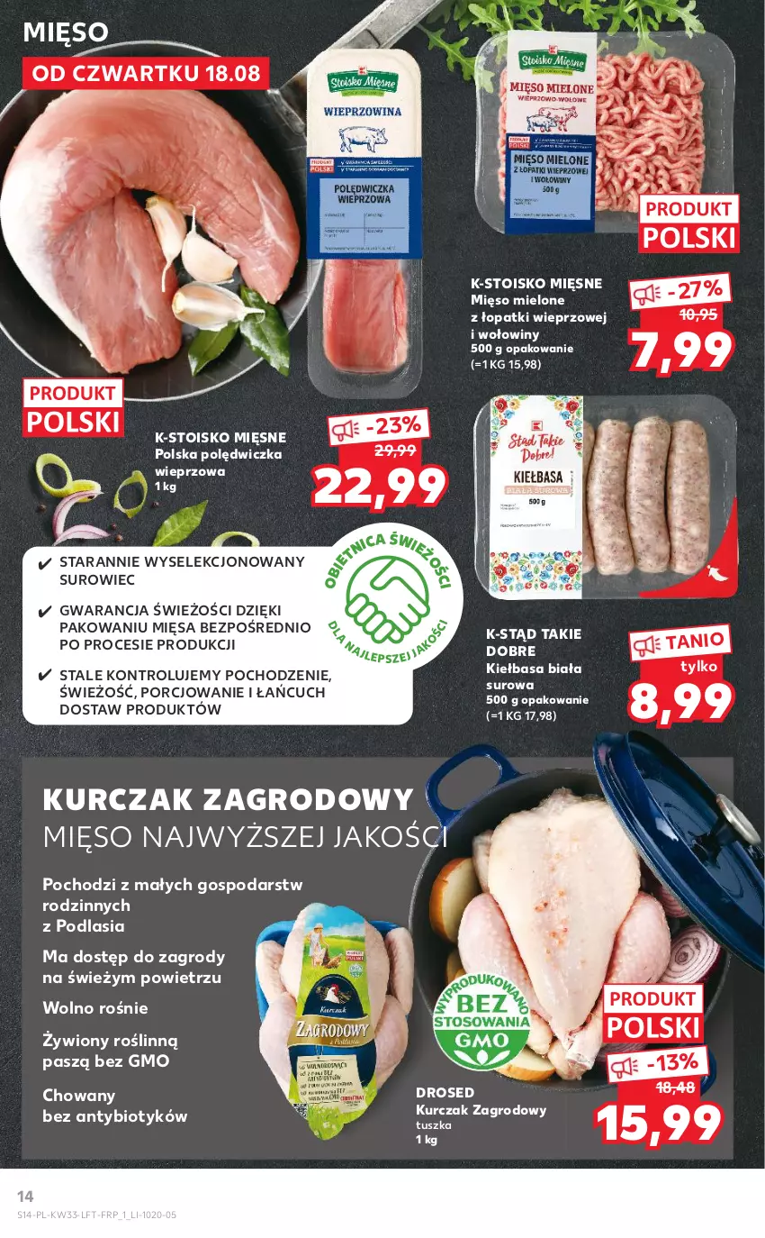 Gazetka promocyjna Kaufland - OFERTA TYGODNIA - ważna 18.08 do 24.08.2022 - strona 14 - produkty: Kiełbasa, Kiełbasa biała, Kurczak, Mięso, Mięso mielone, Mięso mielone z łopatki wieprzowej, Polędwiczka wieprzowa, Por, Tusz