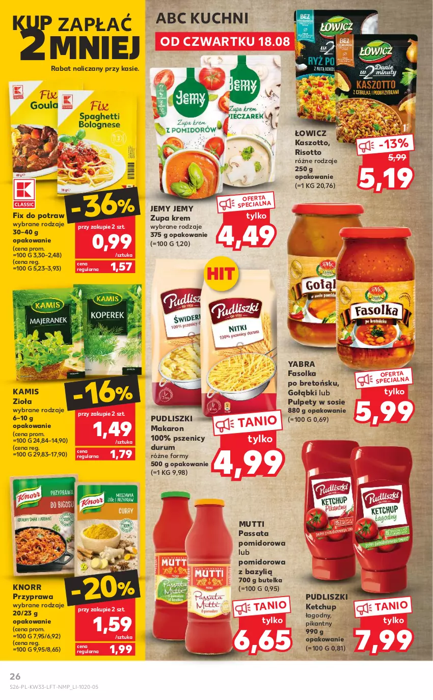 Gazetka promocyjna Kaufland - OFERTA TYGODNIA - ważna 18.08 do 24.08.2022 - strona 26 - produkty: Bazyl, Fa, Kamis, Ketchup, Knorr, Makaron, Pudliszki, Pulpety, Rum, Sos, Zott, Zupa