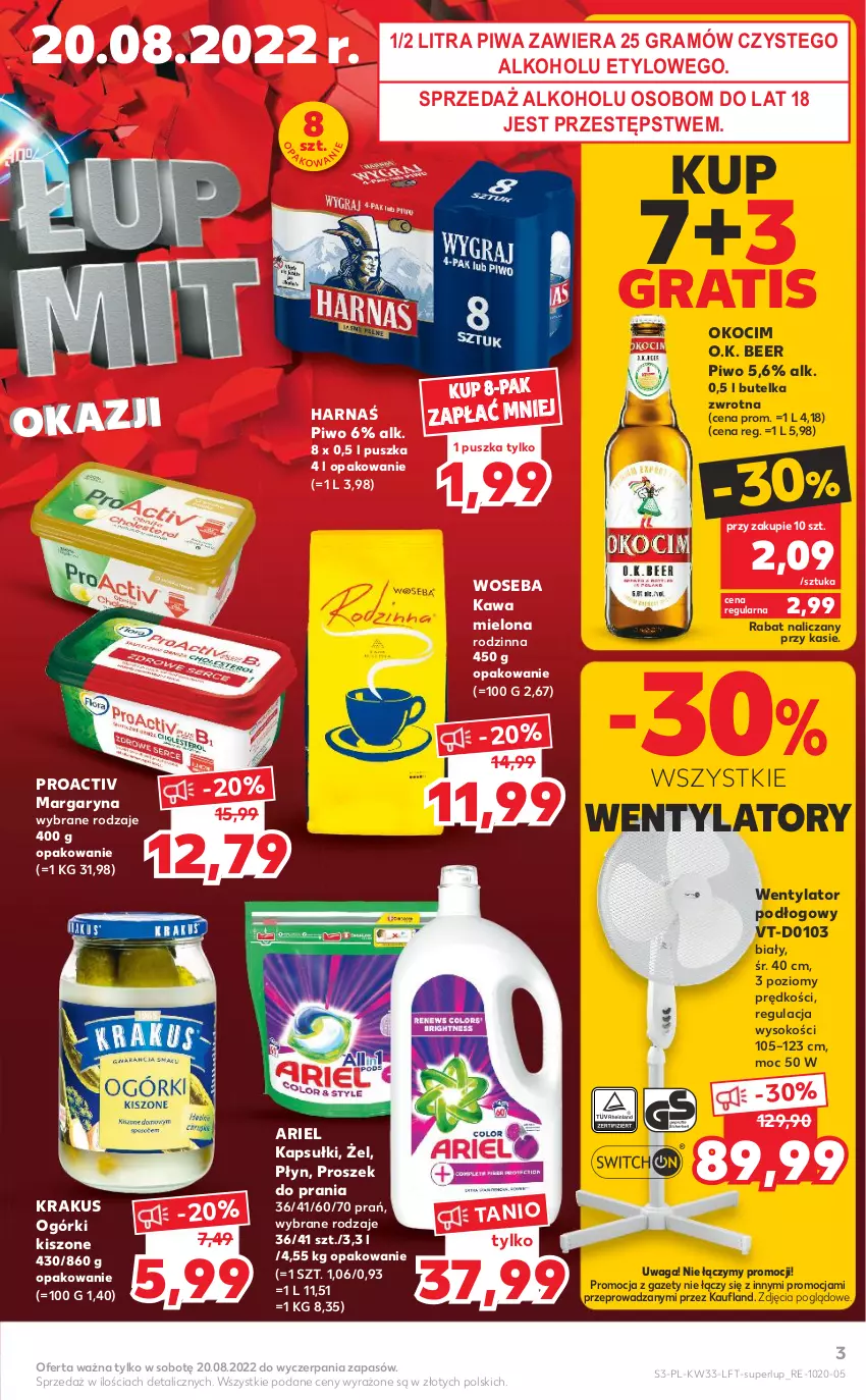 Gazetka promocyjna Kaufland - OFERTA TYGODNIA - ważna 18.08 do 24.08.2022 - strona 3 - produkty: Ariel, Gra, Harnaś, Kawa, Kawa mielona, Koc, Krakus, Margaryna, Okocim, Piwa, Piwo, Proszek do prania, Sok, Waga, Woseba