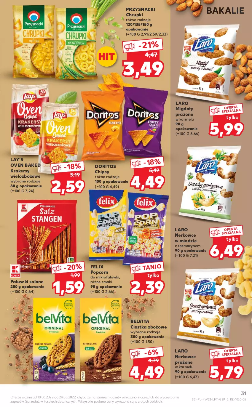 Gazetka promocyjna Kaufland - OFERTA TYGODNIA - ważna 18.08 do 24.08.2022 - strona 31 - produkty: BelVita, Chipsy, Chrupki, Ciastka, Fa, Felix, Krakersy, Migdały, Popcorn, Przysnacki, Vita C