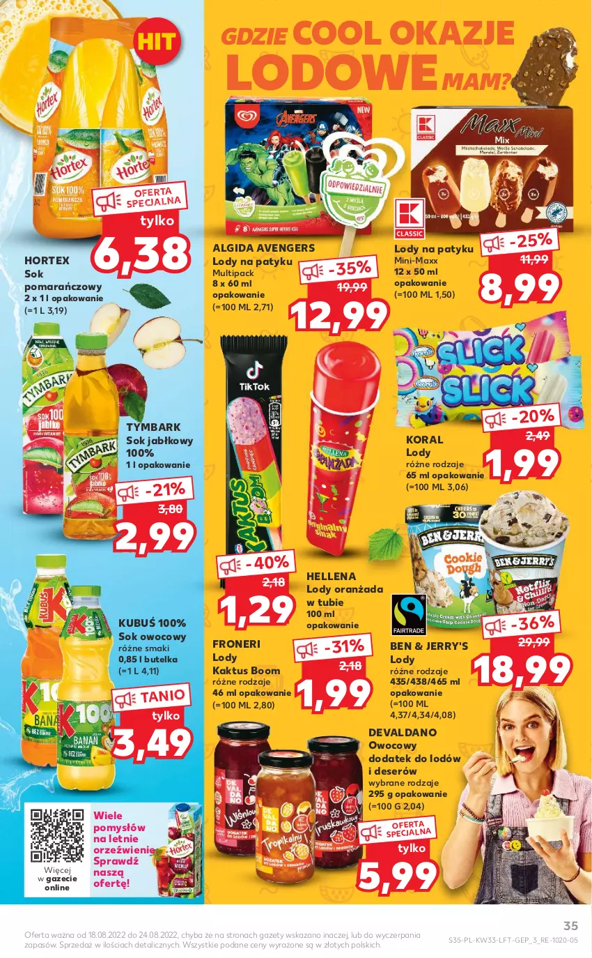 Gazetka promocyjna Kaufland - OFERTA TYGODNIA - ważna 18.08 do 24.08.2022 - strona 35 - produkty: Algida, Avengers, Deser, Hellena, Hortex, Kaktus, Kubuś, LG, Lody, Oranżada, Ser, Sok, Sok jabłkowy, Sok pomarańczowy, Tymbark