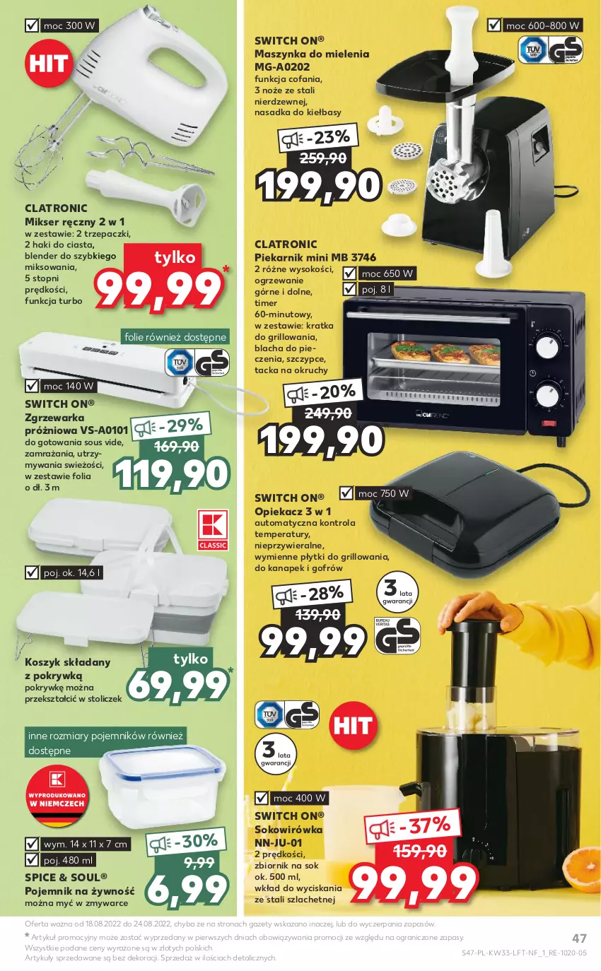 Gazetka promocyjna Kaufland - OFERTA TYGODNIA - ważna 18.08 do 24.08.2022 - strona 47 - produkty: Blacha do pieczenia, Blender, Fa, Gra, Grill, Kosz, Maszynka, Maszynka do mielenia, Mikser, Mikser ręczny, Noż, Ogrzewanie, Piec, Piekarnik, Pojemnik, Ser, Sok, Szczypce, Szynka, Top, Warka